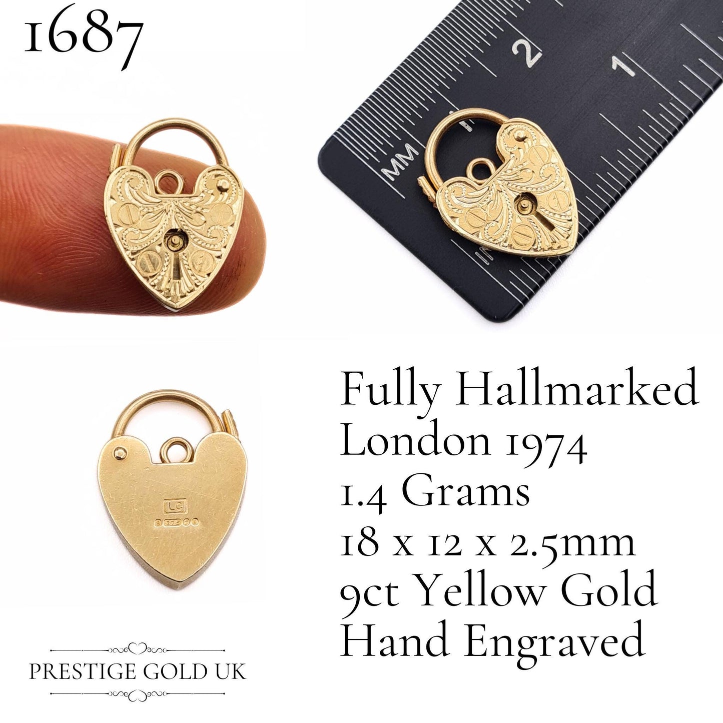 Hand Engraved Small Gold Heart Padlock Pendants in Solid 9ct Gold