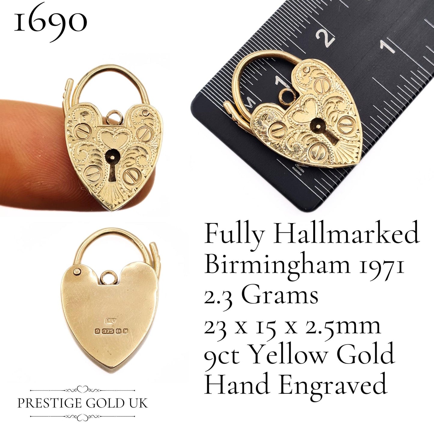 Hand Engraved Small Gold Heart Padlock Pendants in Solid 9ct Gold