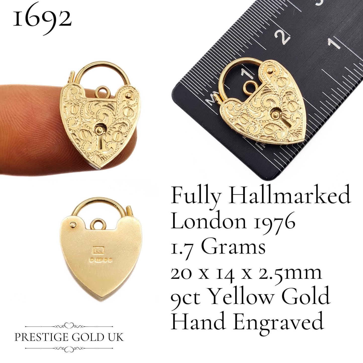 Hand Engraved Small Gold Heart Padlock Pendants in Solid 9ct Gold