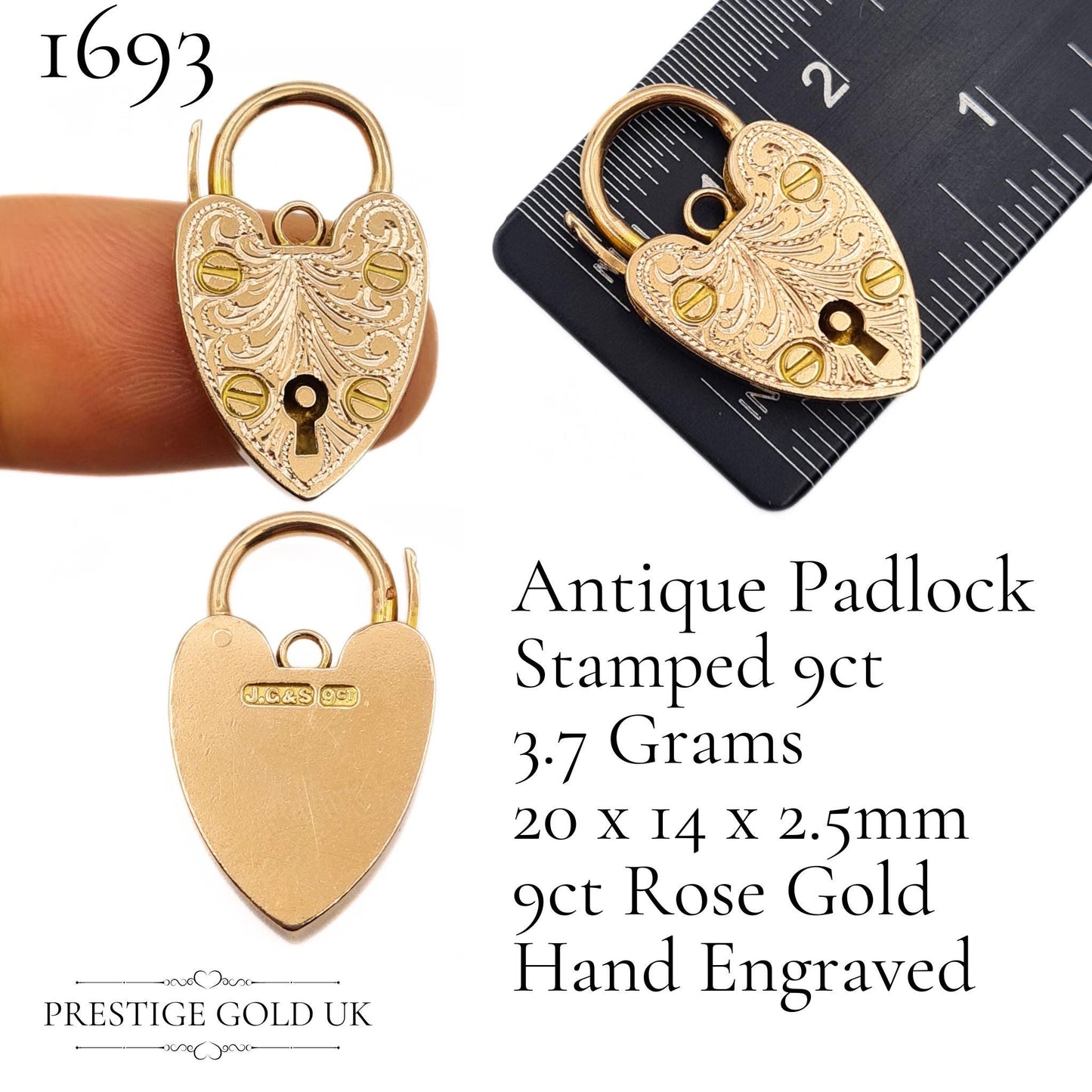 Hand Engraved Small Gold Heart Padlock Pendants in Solid 9ct Gold