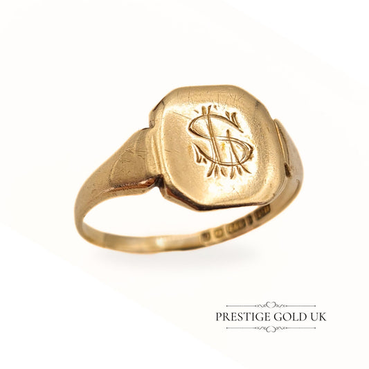 Vintage 9ct Gold Signet Ring Inscribed With The Initial 'S' - Size UK Q, US 8 1/4, Euro 58