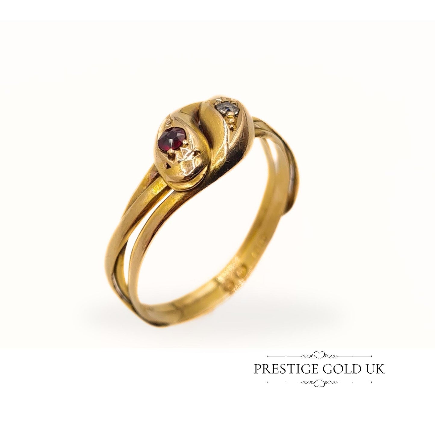 Antique Ruby & Diamond Double Snake Ring in 18ct Gold - Size UK S 1/2, US 9 1/4, Euro 61