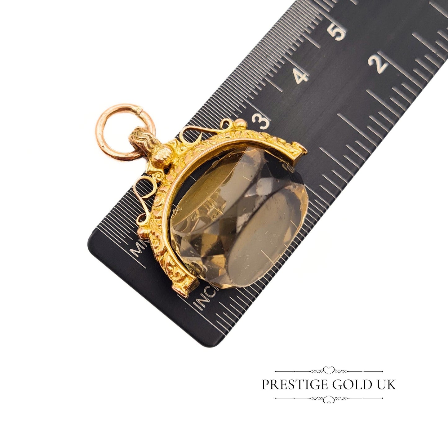 Clearance Item 9ct Gold Quartz Rotating Fob - Ornate Antique Spinning Lemon Yellow Quartz Pendant - Stamped 9c Large Yellow Fob