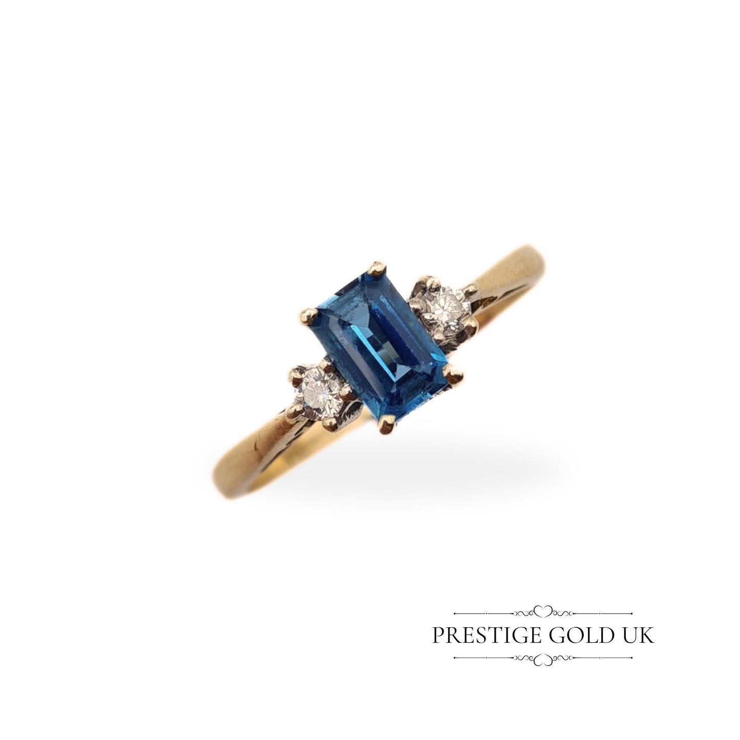 9ct Gold Ring Baguette Cut Blue Stones - Size UK N, US 6 3/4, Euro 54