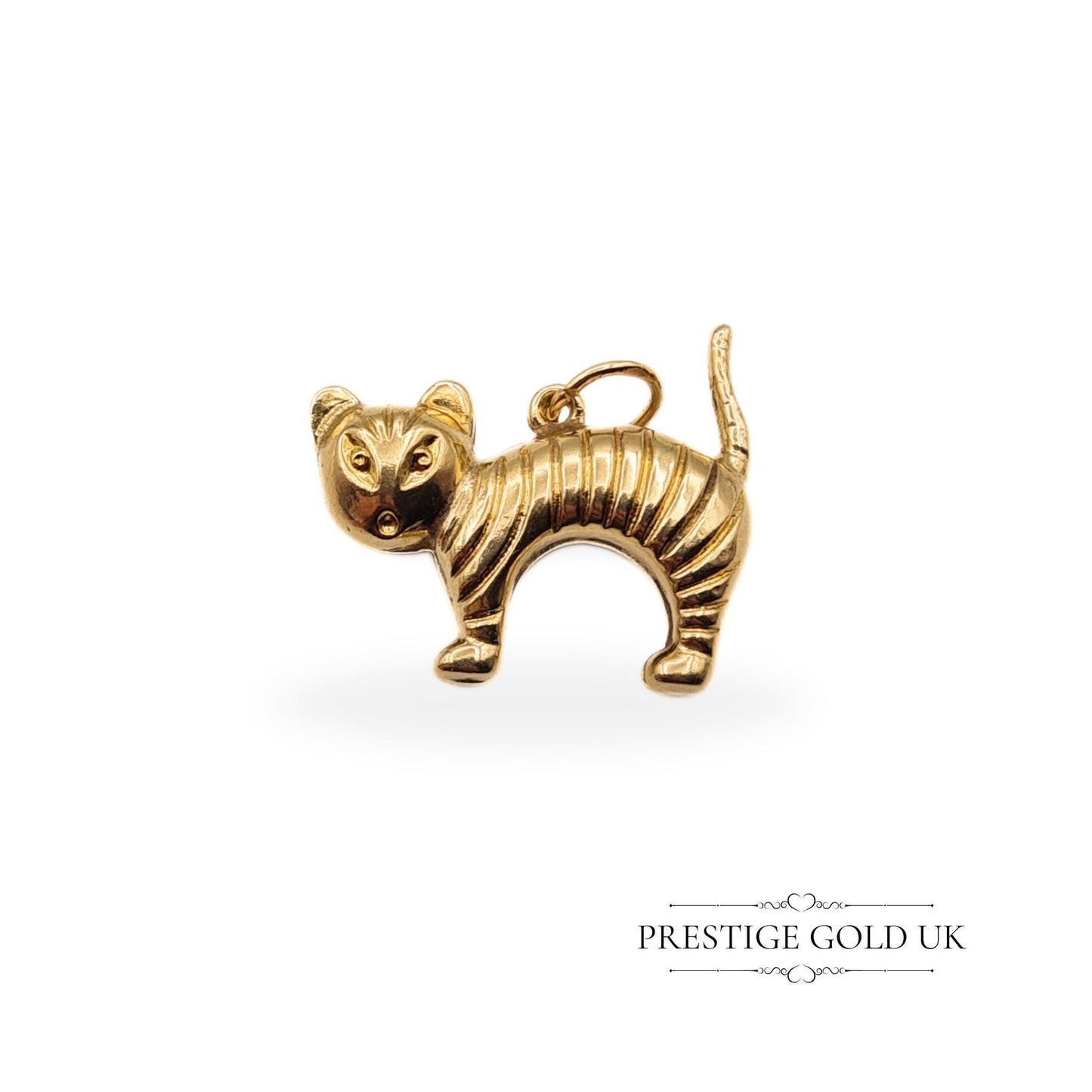 Vintage Gold Startled Cat Charm - Cartoon Style