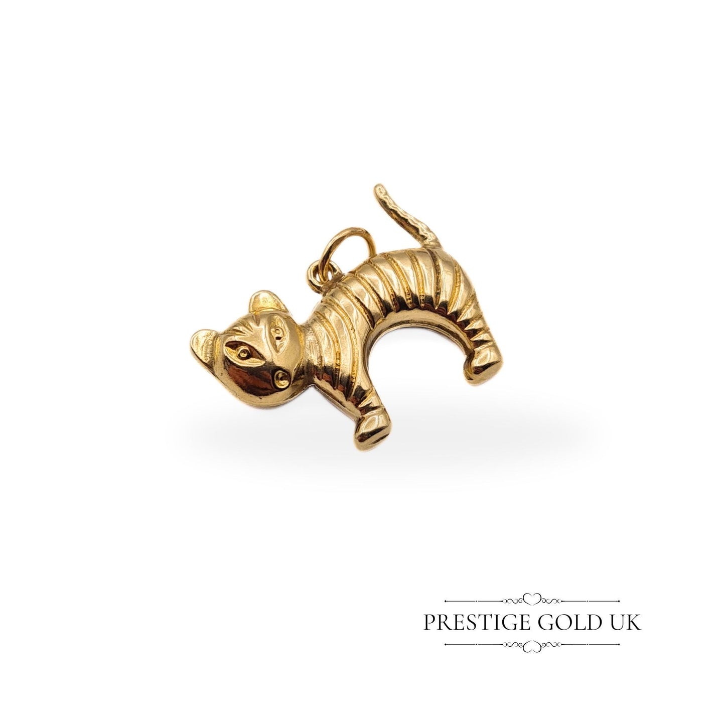Vintage Gold Startled Cat Charm - Cartoon Style