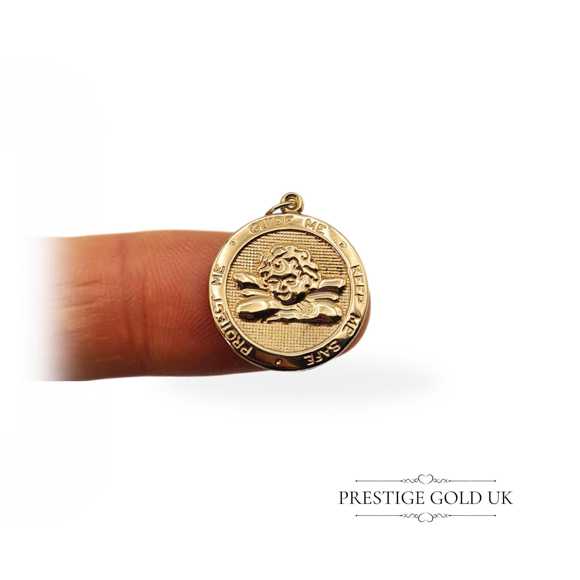 Delicate round pendant featuring an angel and religious figure with the words "Guide Me, Keep Me, Protect Me." Hollow construction, 0.9 grams, fully tested, 21mm tall and 19mm wide, perfect for spiritual protection and meaningful jewellery lovers.