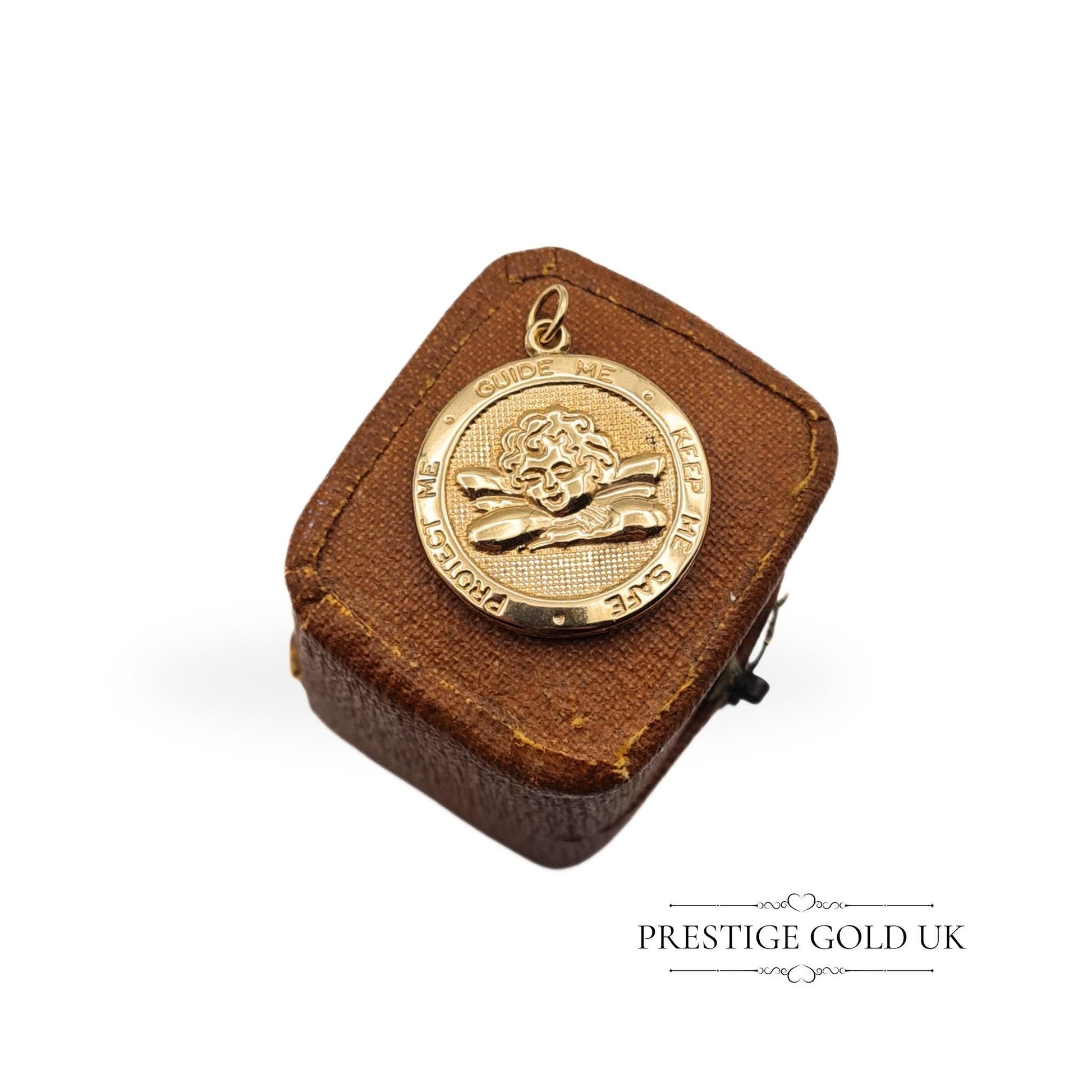 Delicate round pendant featuring an angel and religious figure with the words "Guide Me, Keep Me, Protect Me." Hollow construction, 0.9 grams, fully tested, 21mm tall and 19mm wide, perfect for spiritual protection and meaningful jewellery lovers.