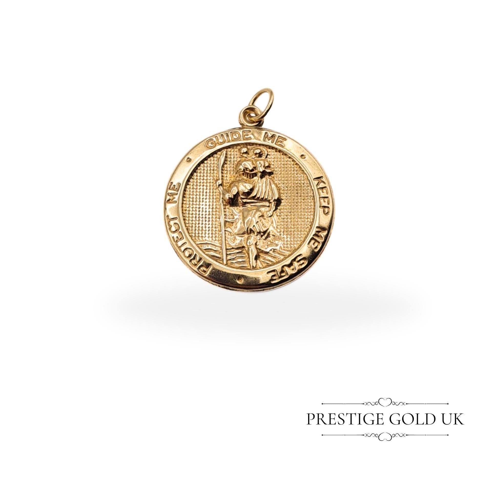 Delicate round pendant featuring an angel and religious figure with the words "Guide Me, Keep Me, Protect Me." Hollow construction, 0.9 grams, fully tested, 21mm tall and 19mm wide, perfect for spiritual protection and meaningful jewellery lovers.