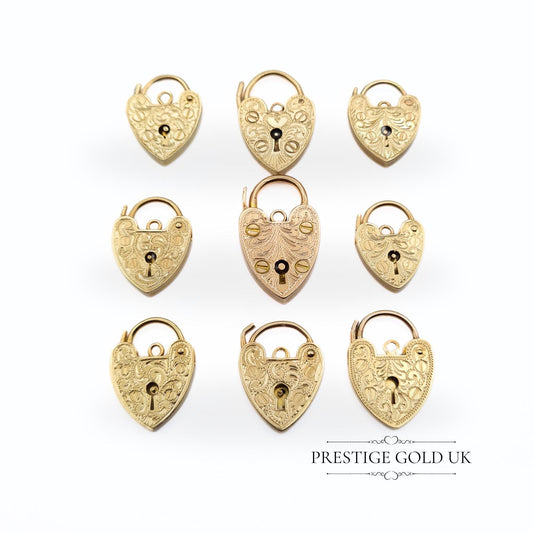 Hand Engraved Small Gold Heart Padlock Pendants 9ct - Patterned Gold Charm Bracelet Padlocks - Small 9ct British - English Love Heart Gift