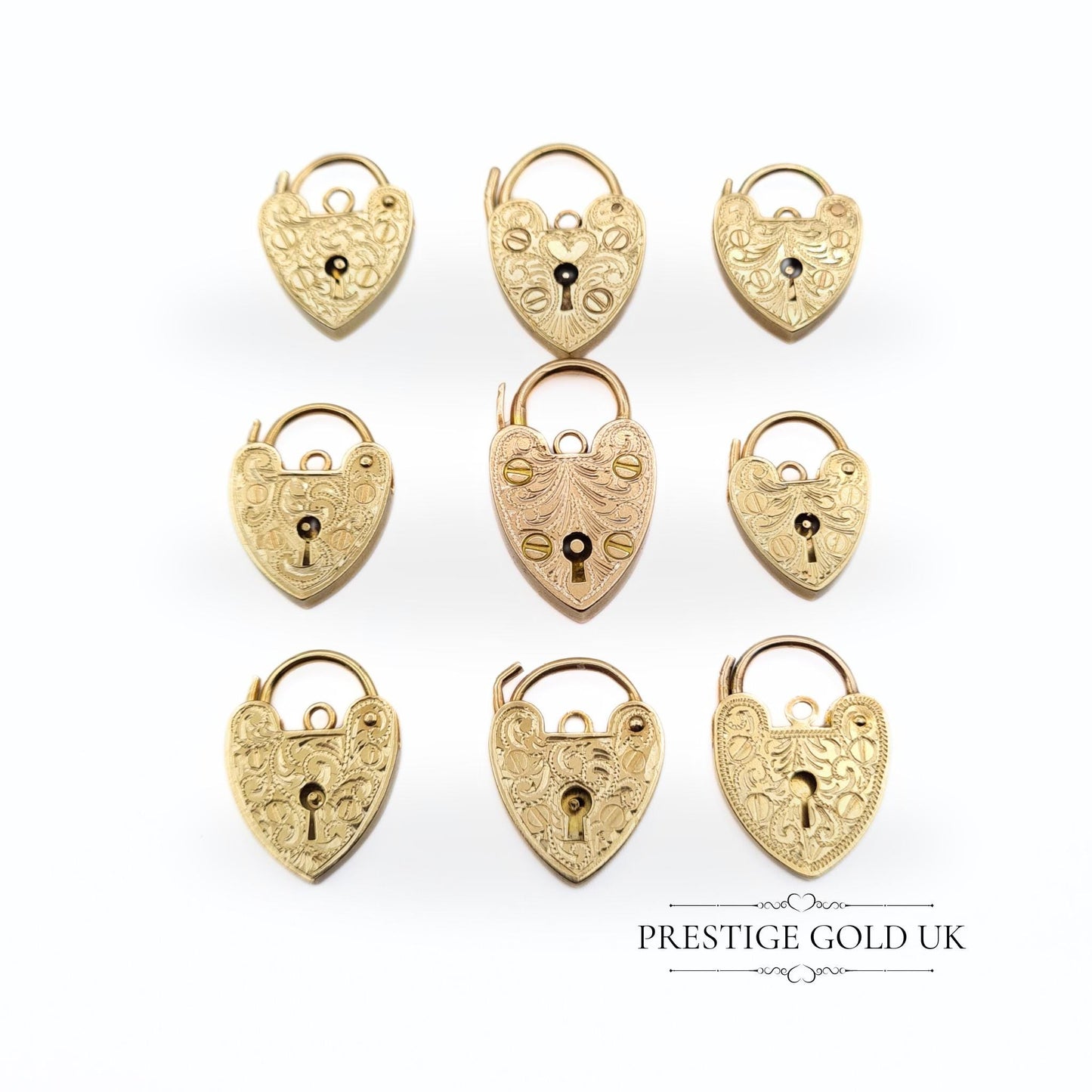 Hand Engraved Small Gold Heart Padlock Pendants in Solid 9ct Gold