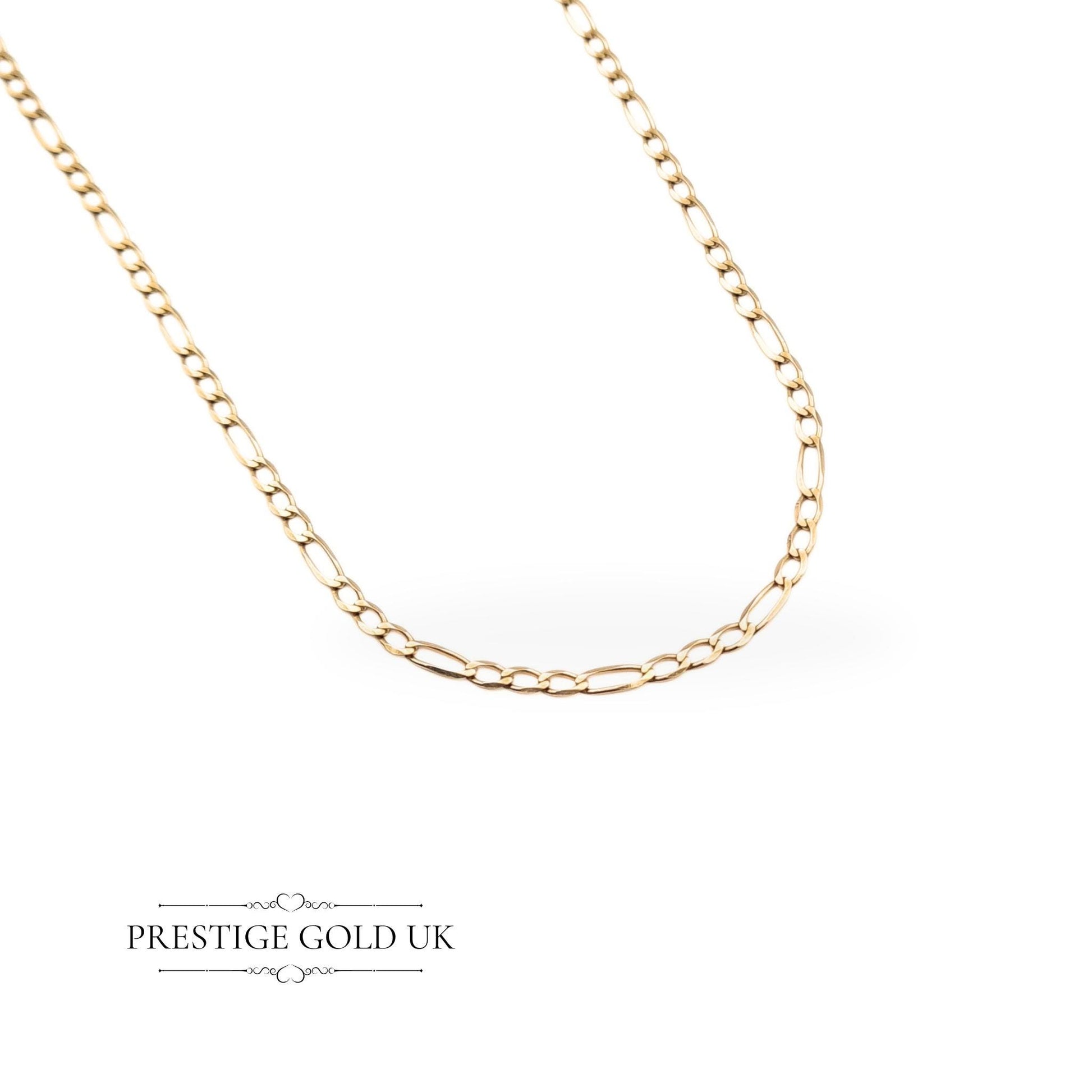 An 18-inch 9ct gold Figaro necklace with a hollow, lightweight construction, measuring 2mm wide and weighing 2.4 grams, fully British hallmarked in Sheffield in 1981, offering a delicate, classic style.