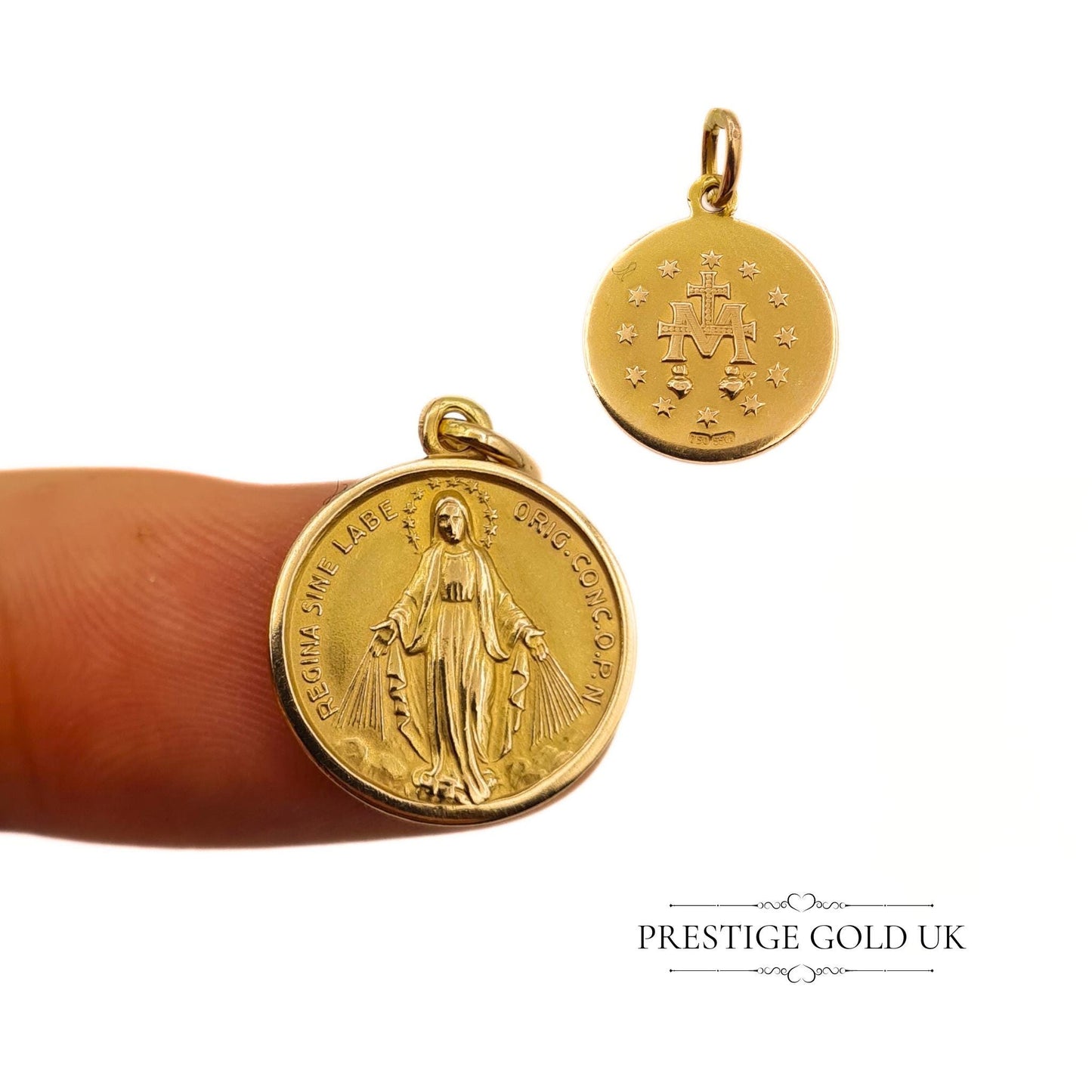 Vintage Gold Round Meraculas Medal Catholic Mary Charm Pendant - Small Virgin Mary Charm 18ct Gold 750 -Ideal For Necklace Or Bracelet