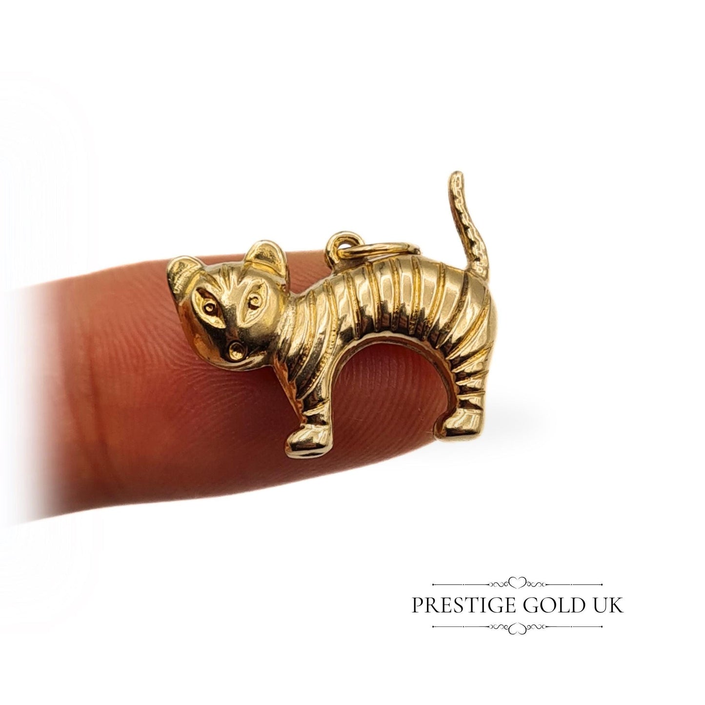 Vintage Gold Startled Cat Charm - Cartoon Style