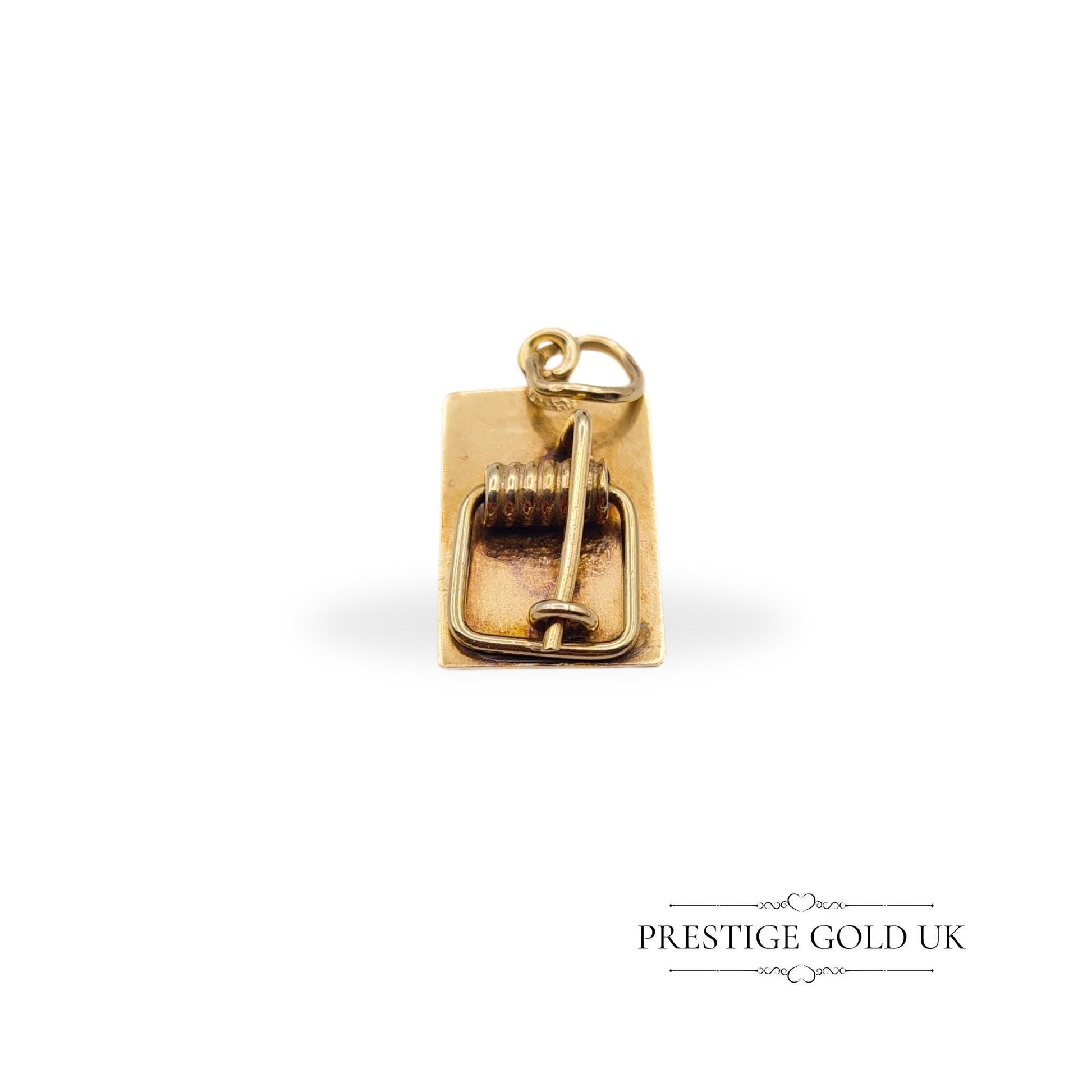 1960s vintage 9ct gold mouse trap charm, fully hallmarked in London 1968, measuring 15mm x 9mm. Tiny and cute, this miniature charm can be worn as a pendant or added to a bracelet. Ideal for collectors or vintage jewellery enthusiasts.