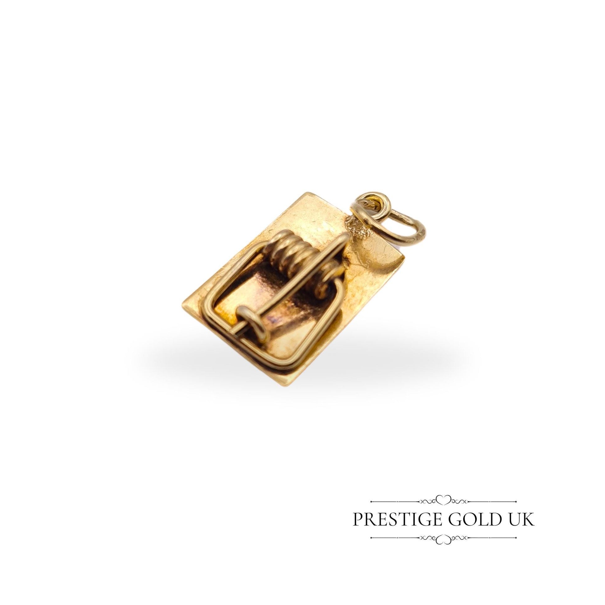 1960s vintage 9ct gold mouse trap charm, fully hallmarked in London 1968, measuring 15mm x 9mm. Tiny and cute, this miniature charm can be worn as a pendant or added to a bracelet. Ideal for collectors or vintage jewellery enthusiasts.
