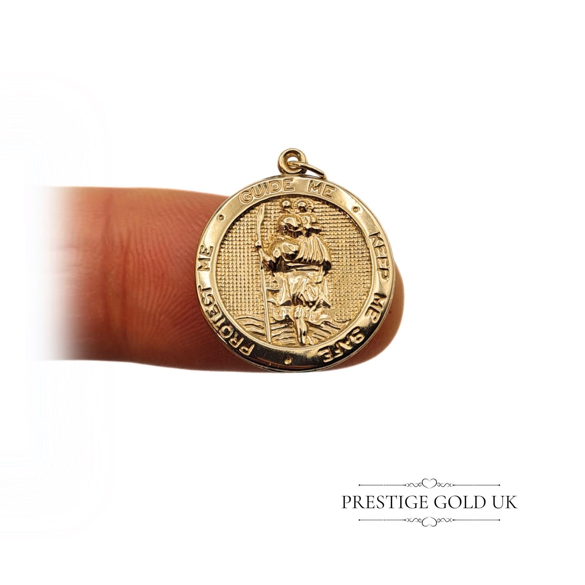 Delicate round pendant featuring an angel and religious figure with the words "Guide Me, Keep Me, Protect Me." Hollow construction, 0.9 grams, fully tested, 21mm tall and 19mm wide, perfect for spiritual protection and meaningful jewellery lovers.