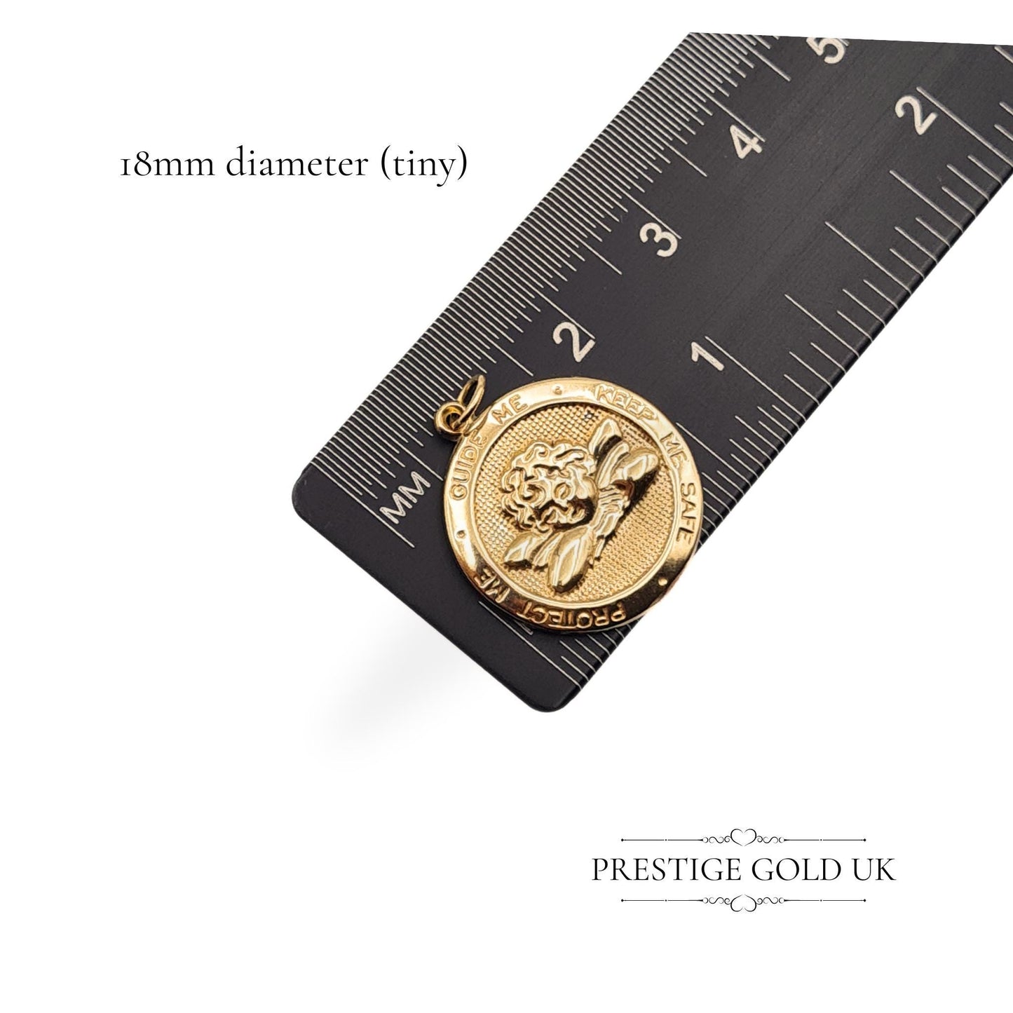 Delicate round pendant featuring an angel and religious figure with the words "Guide Me, Keep Me, Protect Me." Hollow construction, 0.9 grams, fully tested, 21mm tall and 19mm wide, perfect for spiritual protection and meaningful jewellery lovers.