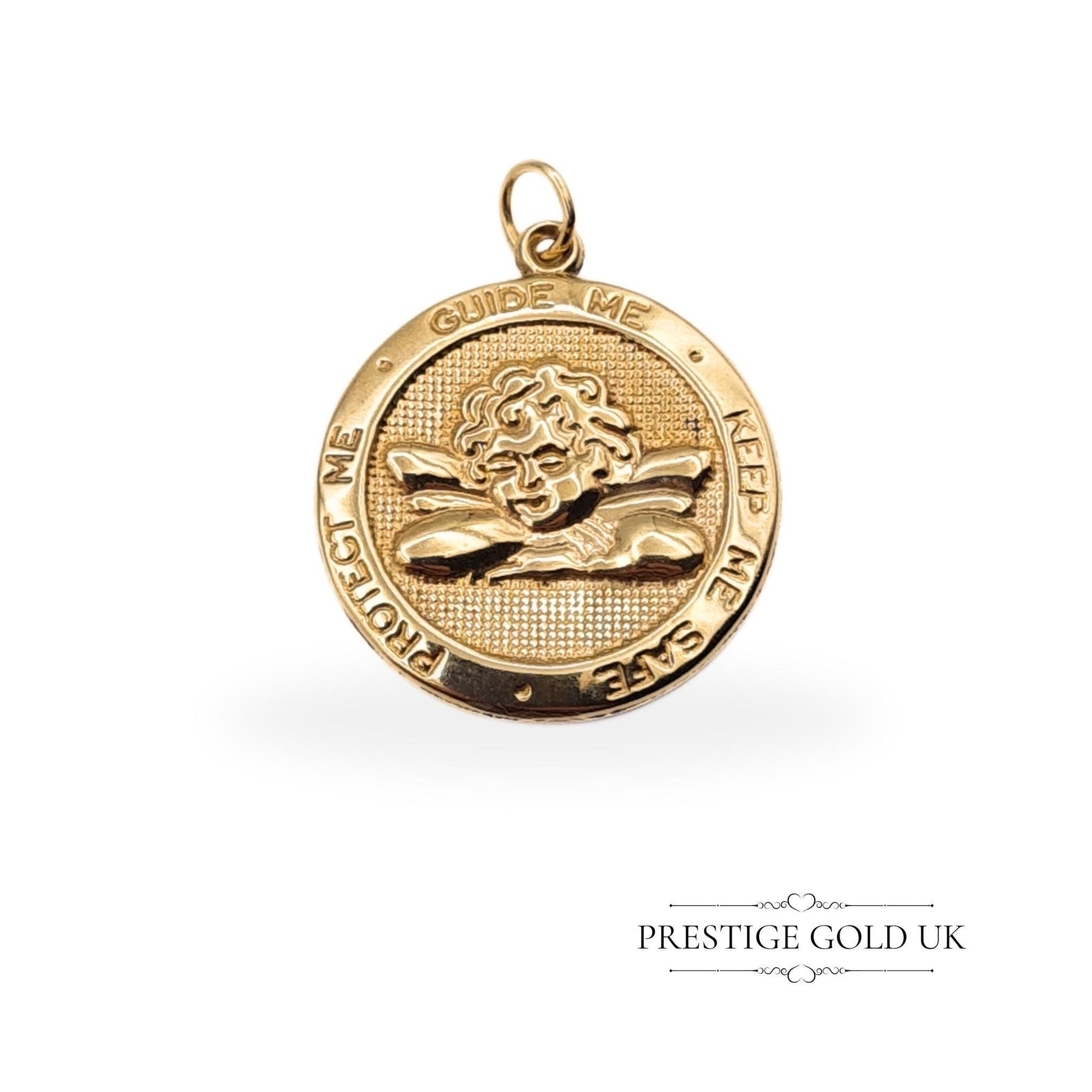 Delicate round pendant featuring an angel and religious figure with the words "Guide Me, Keep Me, Protect Me." Hollow construction, 0.9 grams, fully tested, 21mm tall and 19mm wide, perfect for spiritual protection and meaningful jewellery lovers.