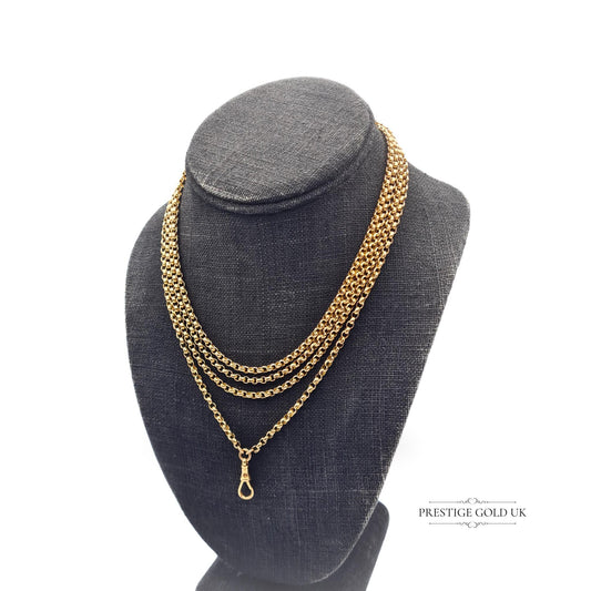 Antique 9ct gold muff guard chain, 66 inches long with 3mm wide links, stamped 9ct on clip and chain. Weighs 26 grams, fully tested for authenticity, perfect for layering or as a statement piece.