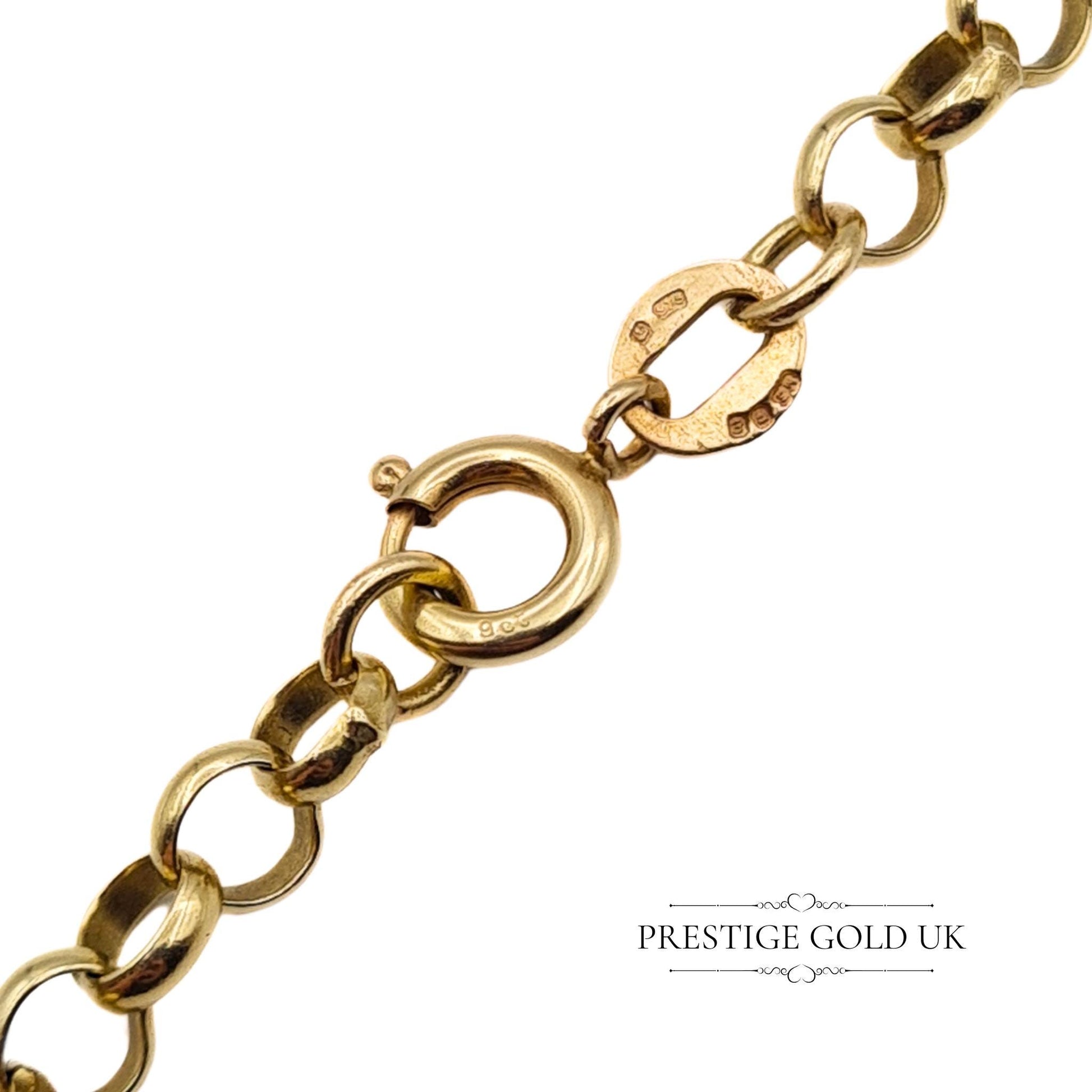 A stunning 18-inch rolo chain in 9ct gold, fully British hallmarked, featuring durable links and a secure spring ring clasp.