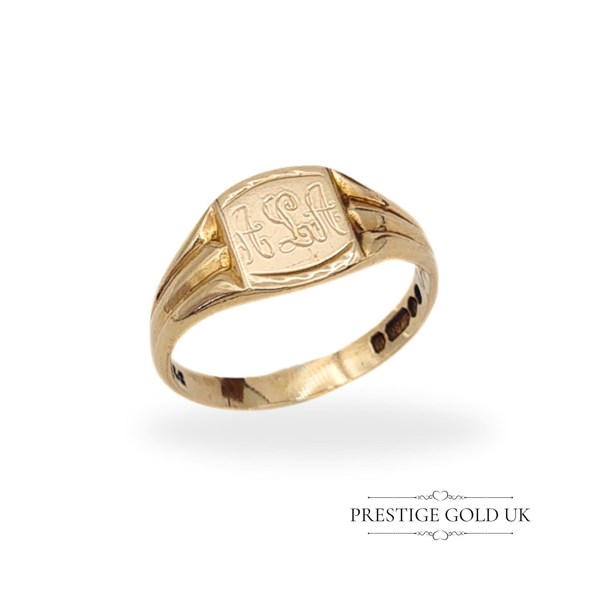 A vintage 9ct gold signet ring with engraved initials on the face and a heartfelt inner inscription reading &quot;Anne Love Bob,&quot; fully hallmarked for London 1974.