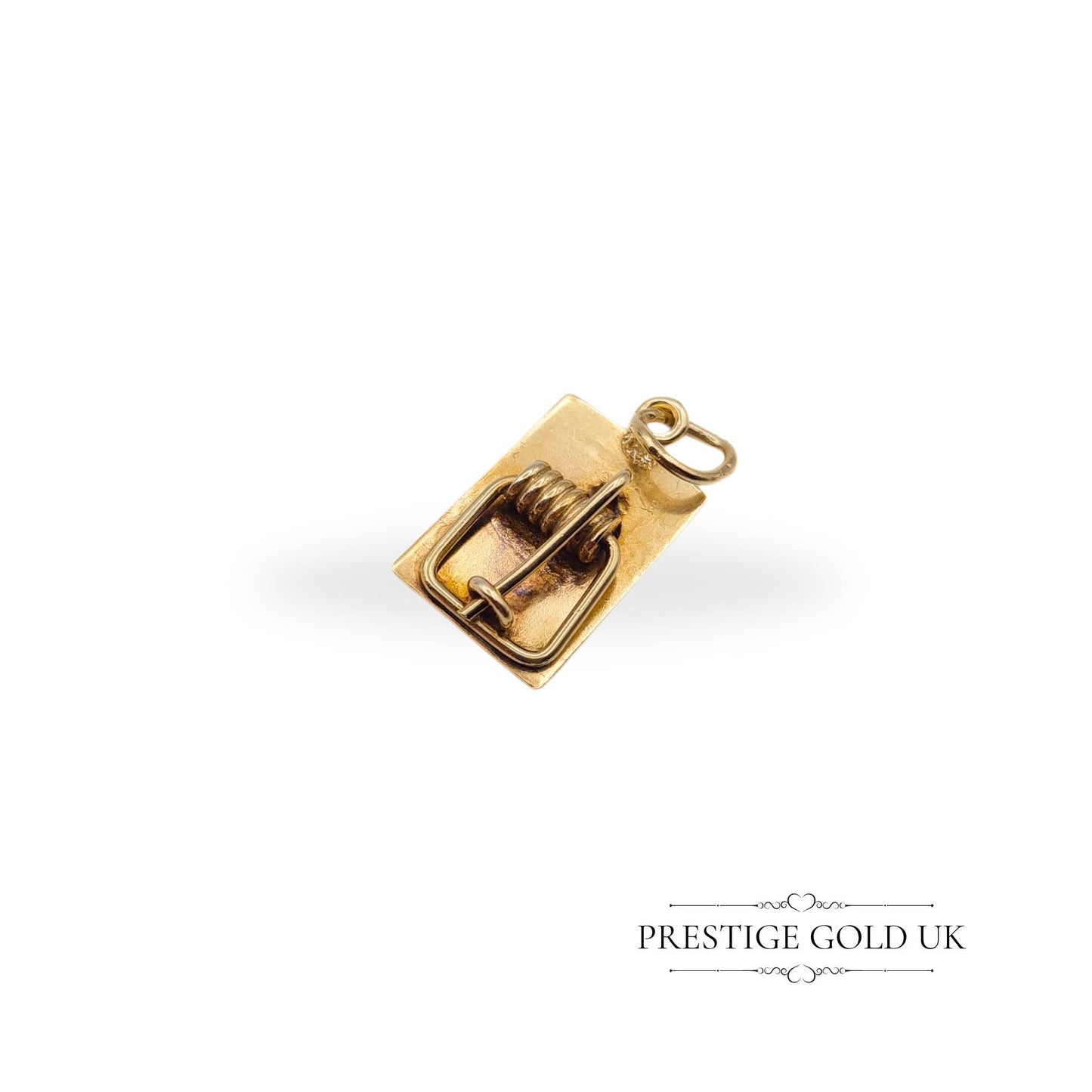 1960s vintage 9ct gold mouse trap charm, fully hallmarked in London 1968, measuring 15mm x 9mm. Tiny and cute, this miniature charm can be worn as a pendant or added to a bracelet. Ideal for collectors or vintage jewellery enthusiasts.