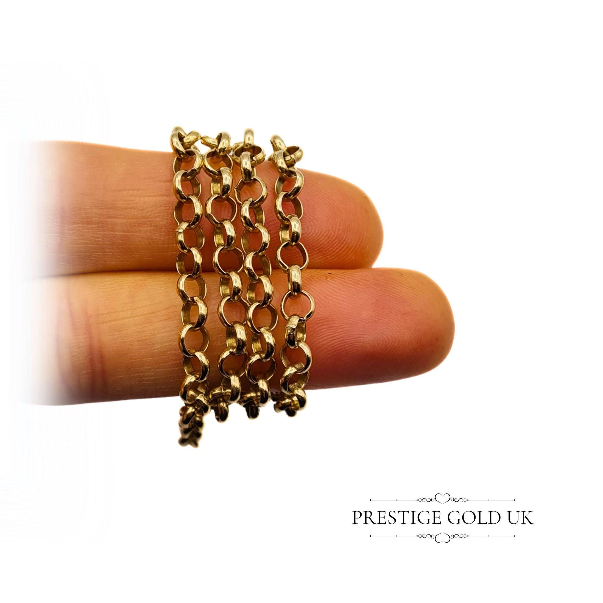 Detailed view of 9ct gold belcher chain links, highlighting the polished craftsmanship and vintage London hallmark.