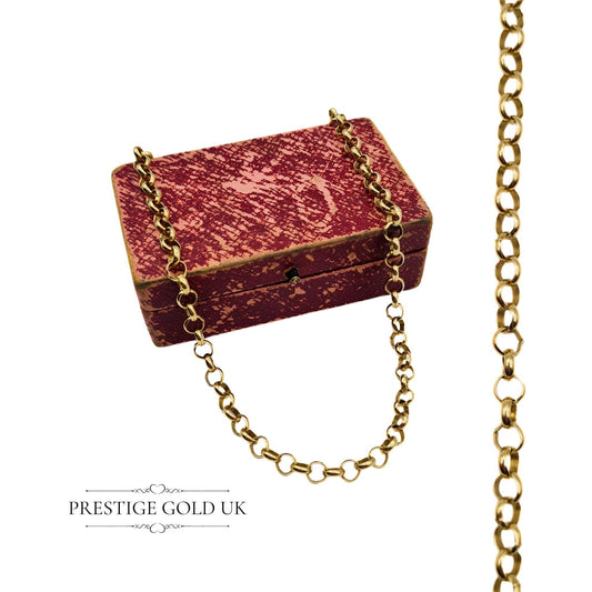 Vintage 9ct gold belcher chain necklace with 4mm-wide links, 18 inches long, weighing 13g, and fully hallmarked in London 1979 with a spring ring clasp.