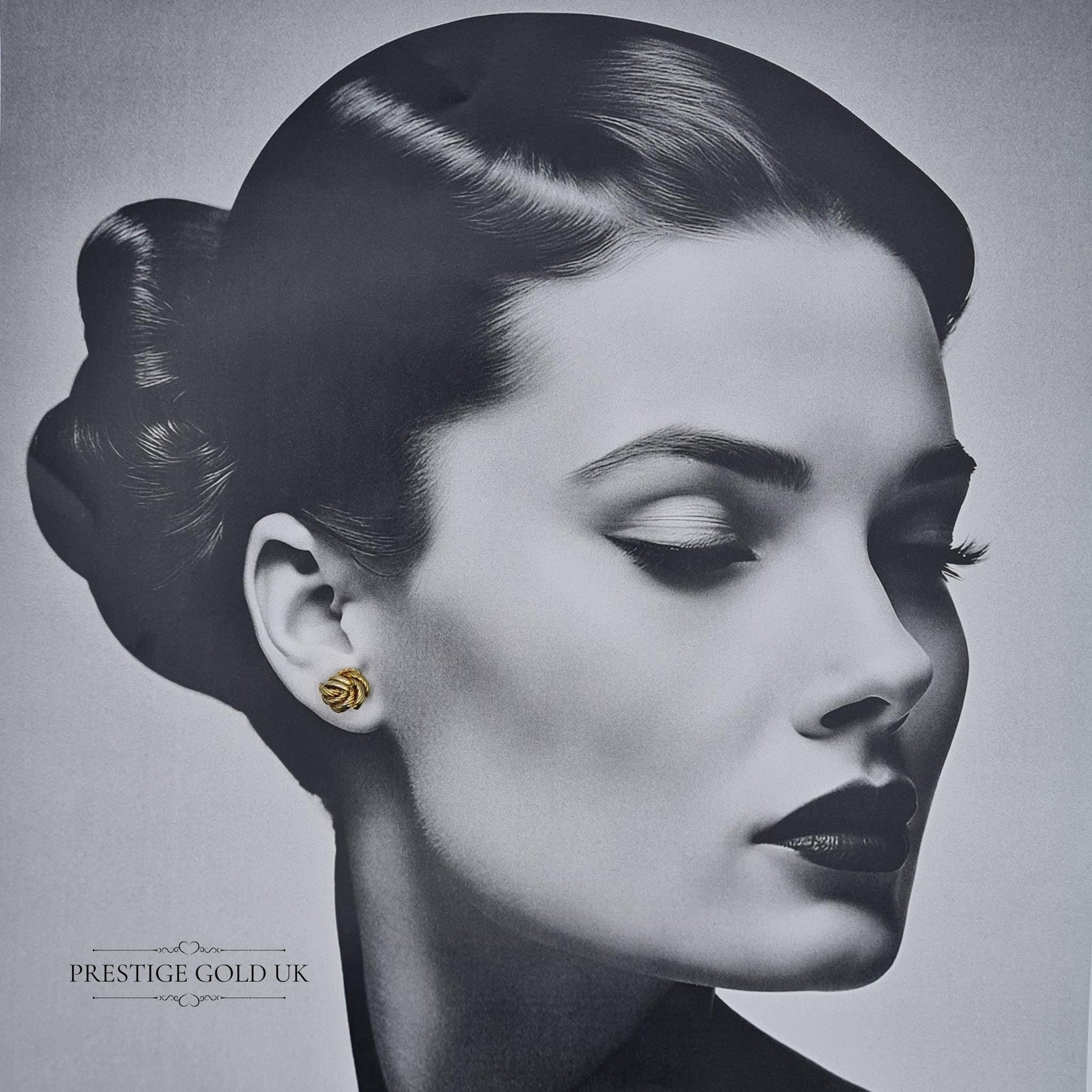 Stylish 9ct gold twisted knot earrings shown on a model, illustrating their bold yet elegant appearance.