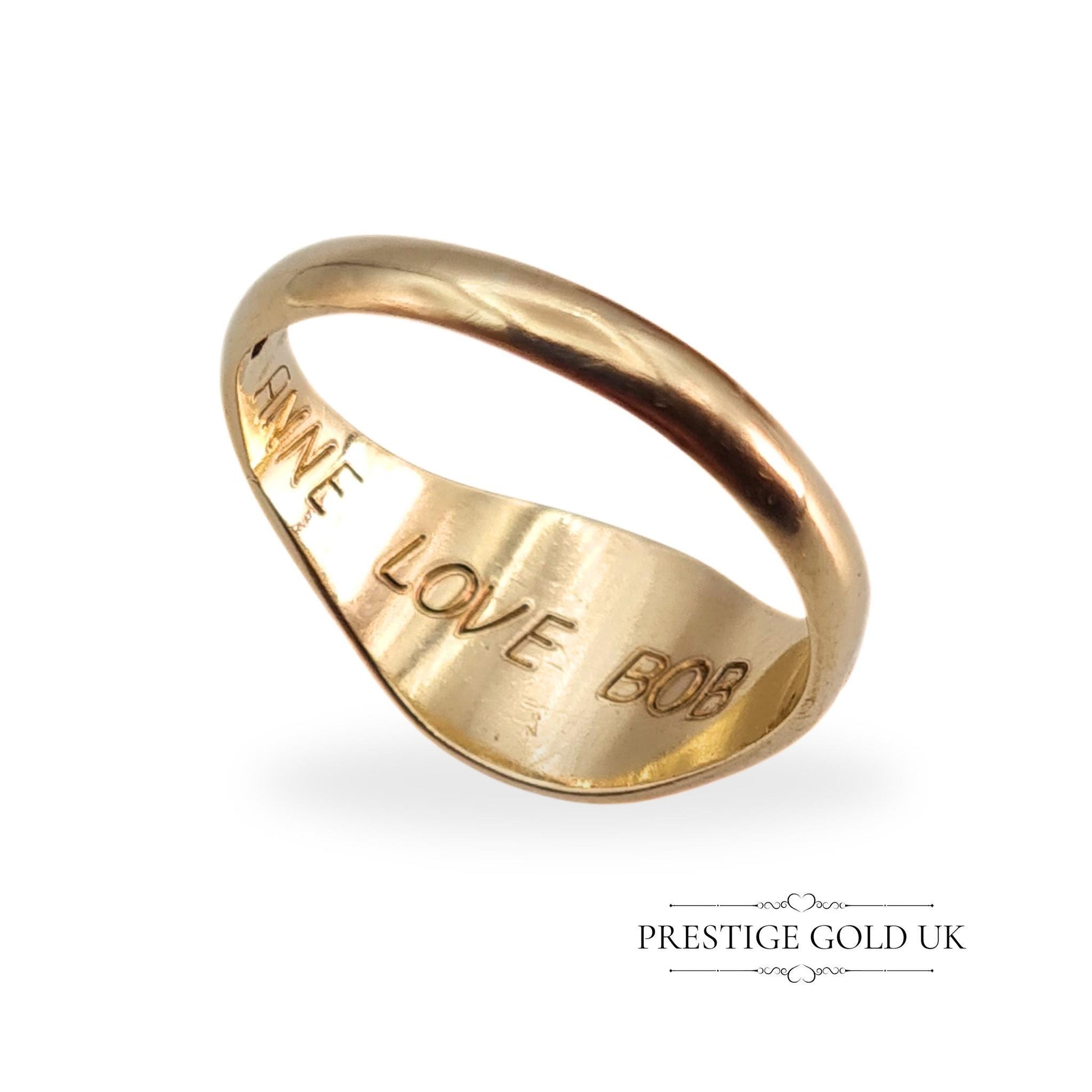 Inner view of the 9ct gold ring showing the engraved message &quot;Anne Love Bob,&quot; a sentimental and rare touch.