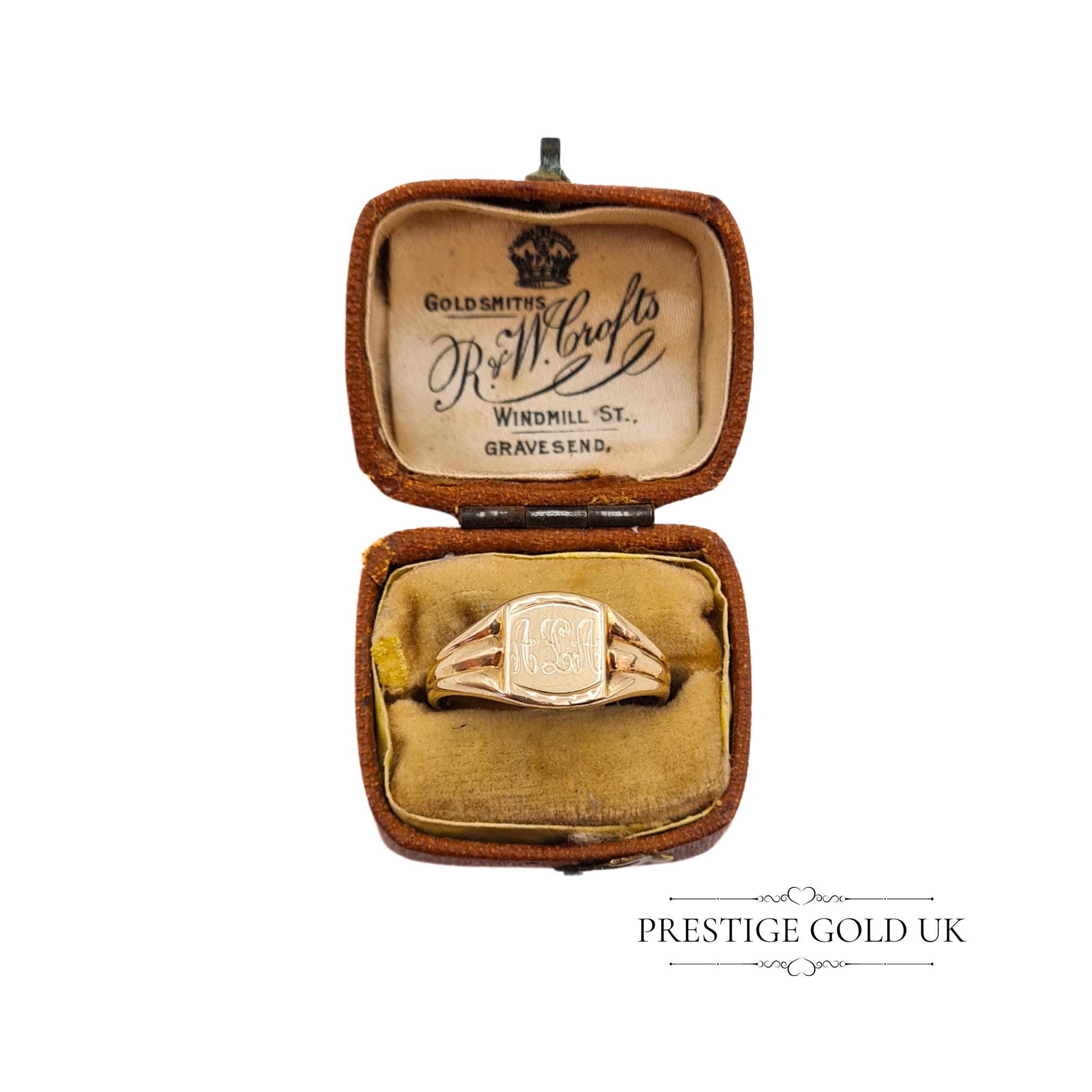 Detailed image of a 9ct gold signet ring with engraved initials and an inner romantic message, perfect for collectors or gifting.
