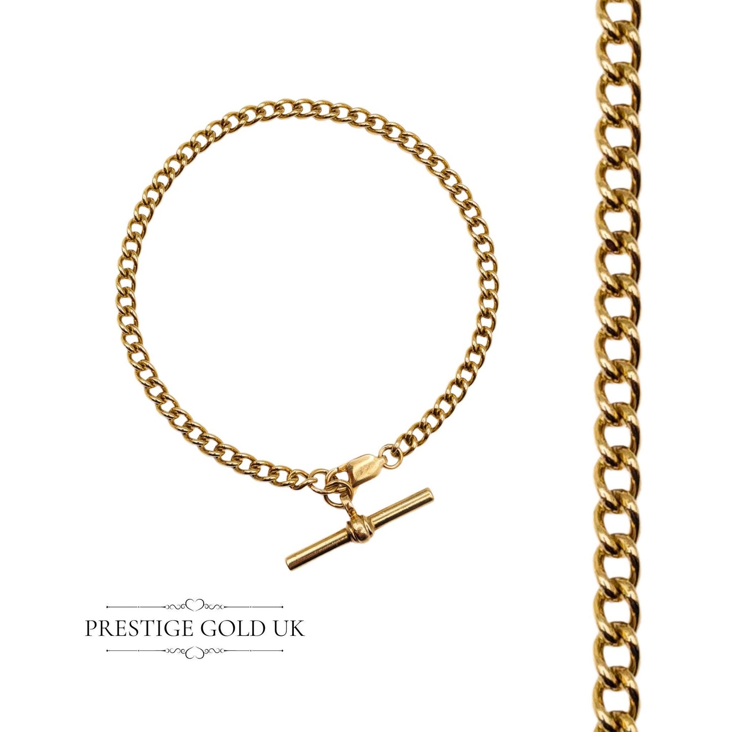 9ct Gold Curb Bracelet with Albert T-Bar & Lobster Clasp - 7" (17cm)