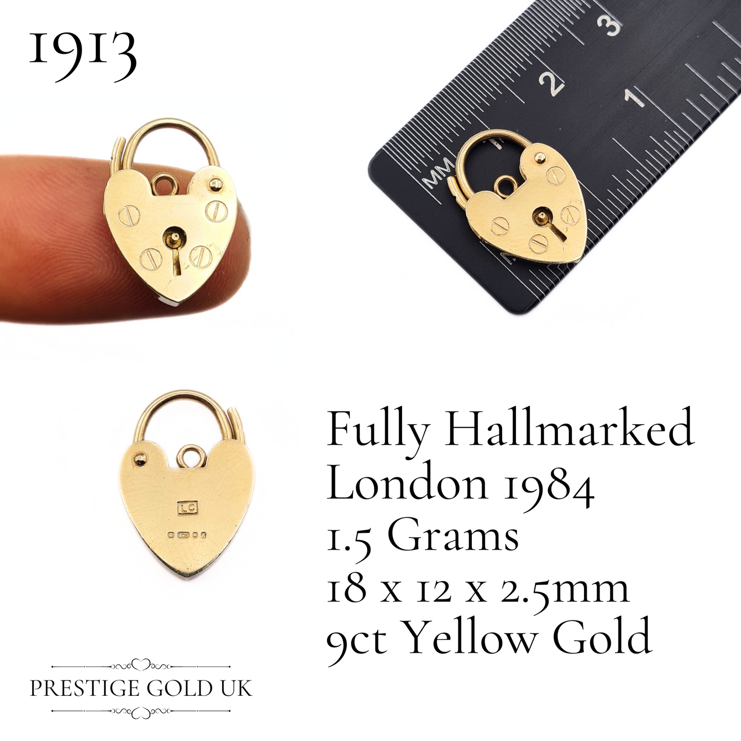 Vintage 9ct Gold Heart Padlock Charm, Fully Hallmarked London 1984,
