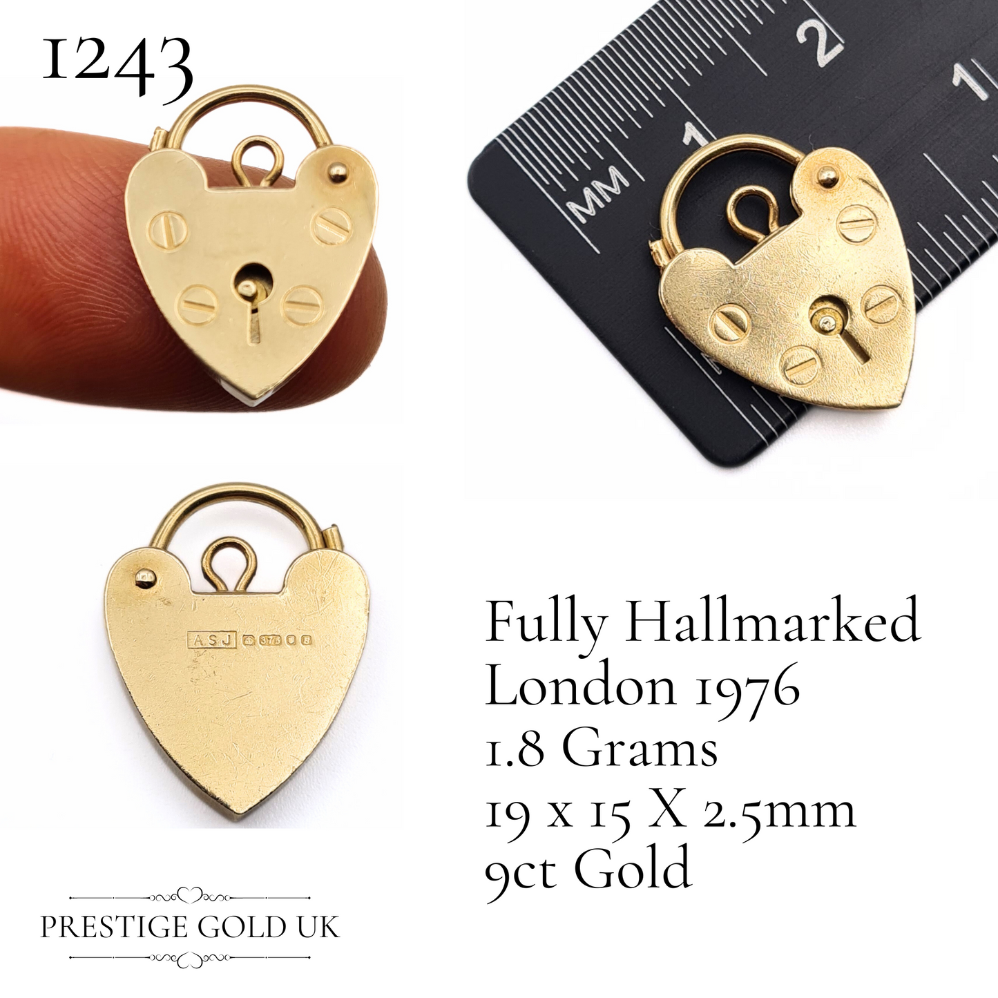 Vintage Small Gold Heart Padlock Pendants 9ct - Multiple Sizes