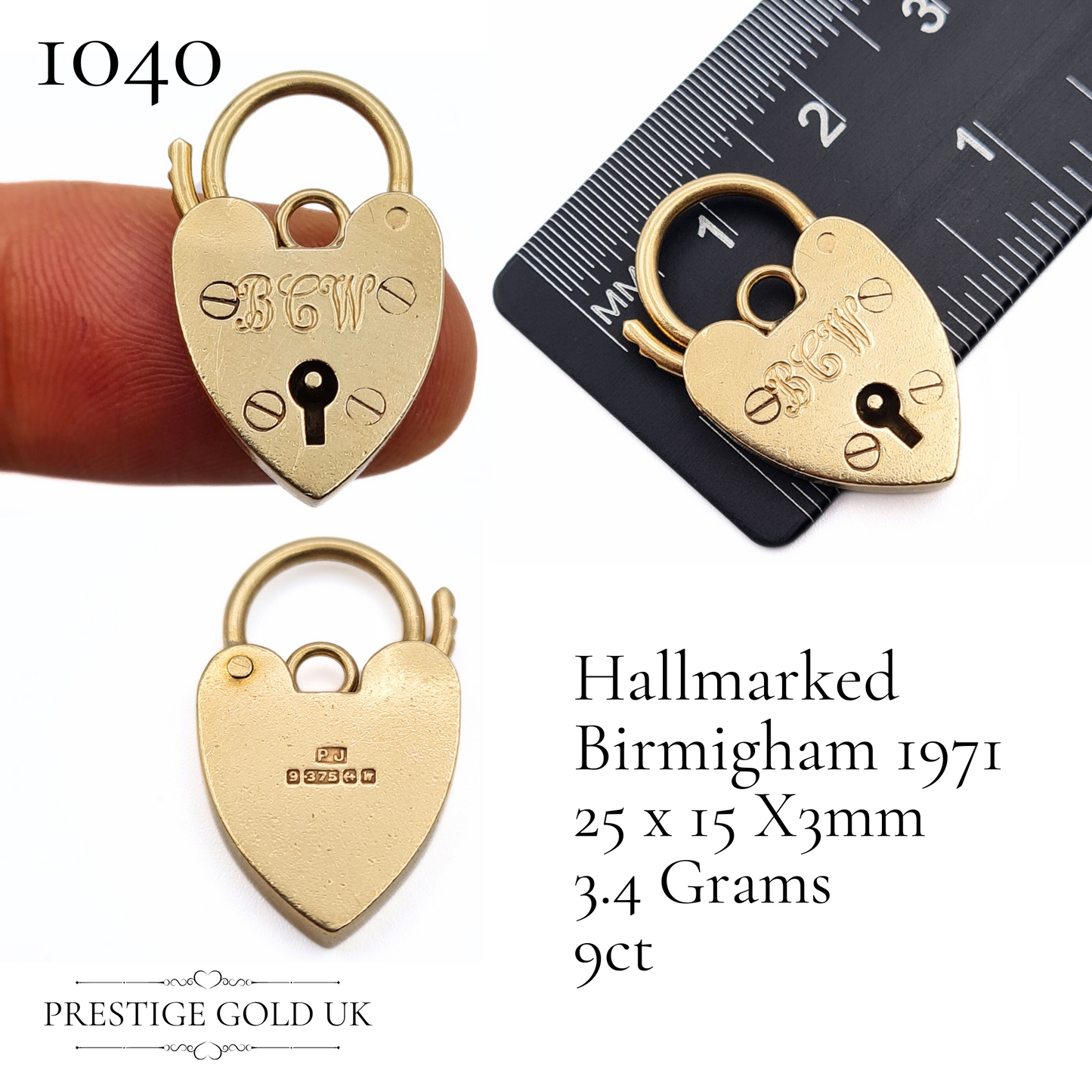 Vintage Small Gold Heart Padlock Pendants 9ct - Multiple Sizes