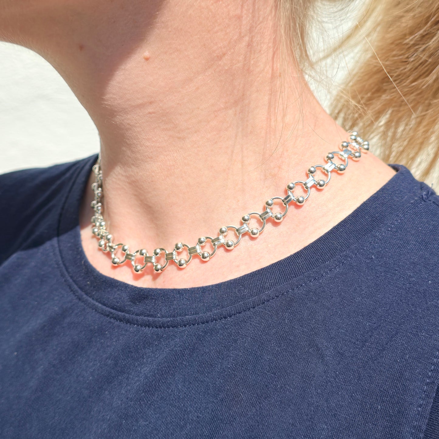 925 Silver Sphere Link Necklace 15" Fancy Chain & Ball 10mm Wide