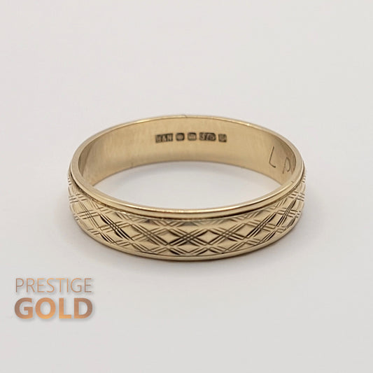 Boho 9ct Gold Patterned Ring 4 mm Wide - Size UK L, US 5 3/4, Euro 51.5