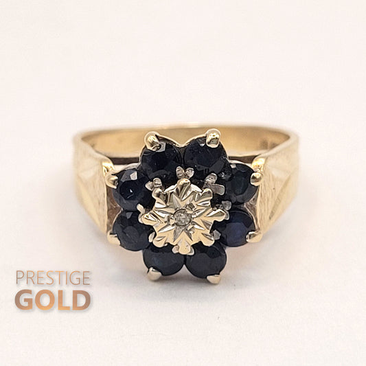 9ct Gold & Sapphire Cluster Ring - Size UK M 1/2, US 6 1/2, Euro 53