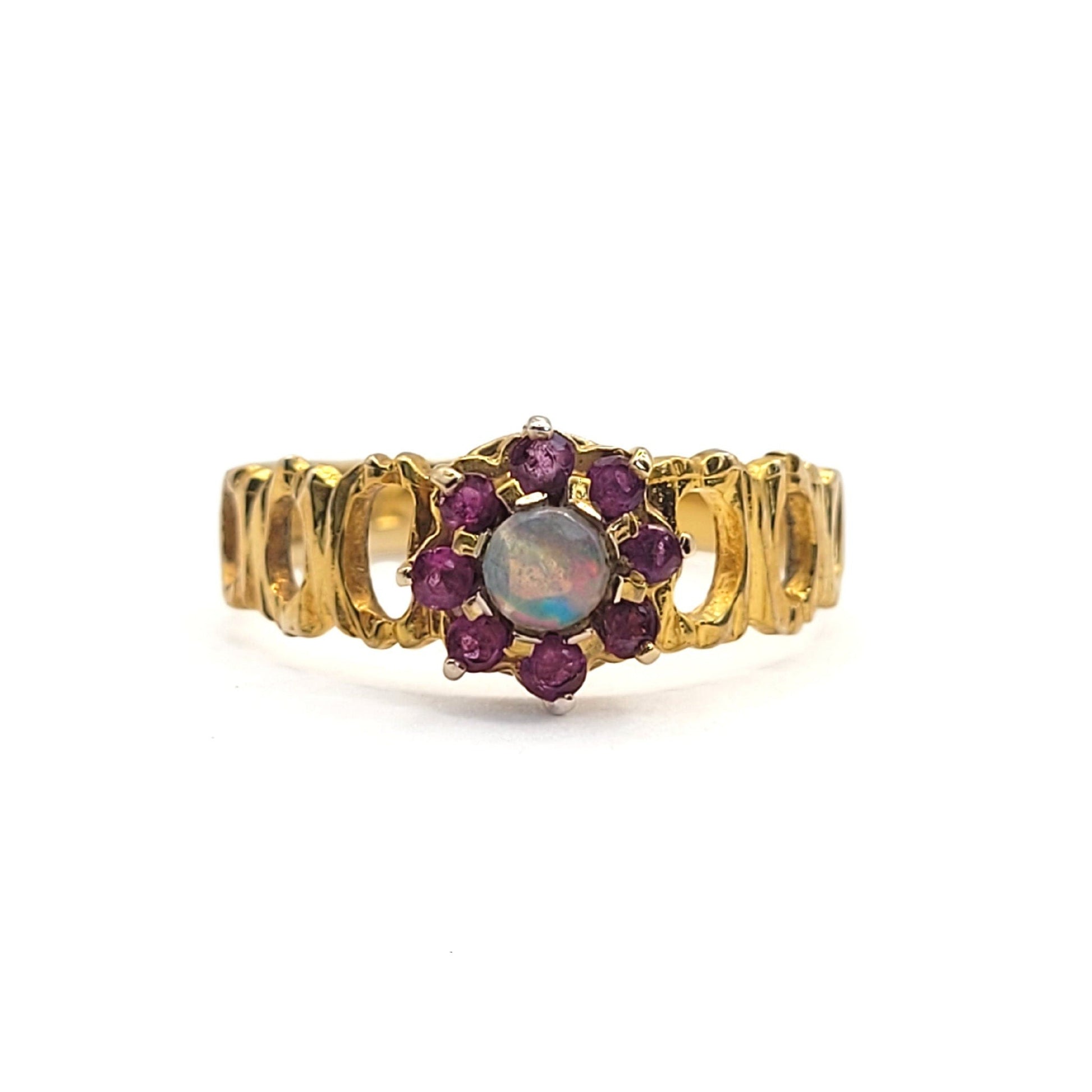 Vintage 9ct Gold, Ruby & Opal Statement Ring - Size UK O, US 7, Euro 55