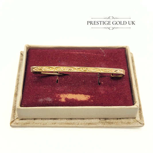 Solid 9ct Rose Gold Engraved Bar Brooch