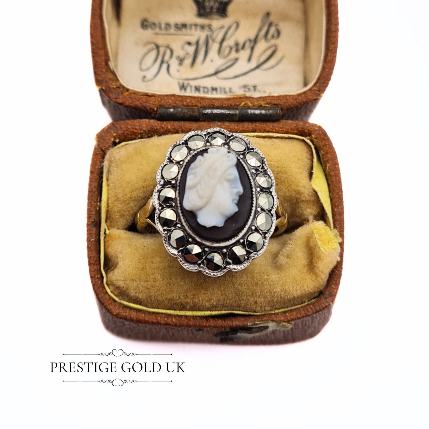 Vintage 9ct Gold, Silver & Marcasite Cameo Ring - Size UK L, US 5 3/4, Euro 51 1/2